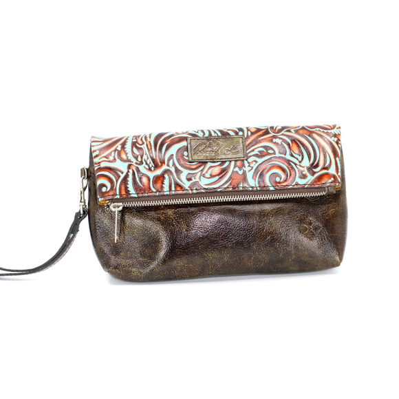A6 Auth PATRICIA NASH Valerie Turquoise Tooled Leather Fold Over Wristlet Clutch - Picture 1 of 4